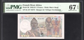 French West Africa 5 Francs 1950 PMG 67 EPQ
P# 36; Very rare condition; UNC