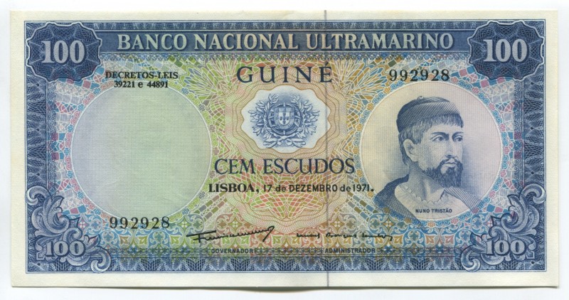 Portuguese Guinea 100 Escudos 1971 
P# 45a; UNC; "Nuno Tristão"
