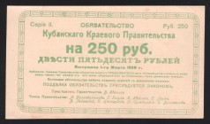 Russia Kuban 250 Roubles 1920 With Error in Text
P# S488b; Text on back "AЛРЬЛЯ"; aUNC