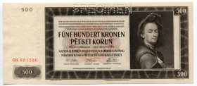 Bohemia & Moravia 500 Korun 1942 Specimen
P# 11s; # CH 621580; German Occupation - WWII; AUNC
