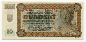 Slovakia 20 Korun 1942 Specimen
P# 7s; # Sh36 251068; UNC