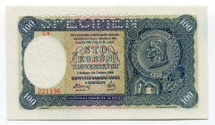 Slovakia 100 Korun 1940 Specimen
P# 10s; # L4 221196; UNC