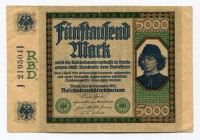 Germany - Weimar Republic 5000 Mark 1922 
P# 77; Grabowski DEU-87; # J 2195041 J; VF