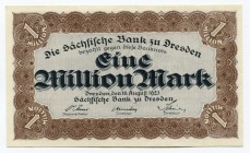 Germany - Weimar Republic 1 Million Mark 1923 Bank of Saxony, Dresden
P# S962; Grabowski SAX-19f; # 327094; UNC