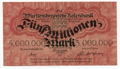 Germany - Weimar Republic 5 Millionen Mark 1923 Wurttemberg Note Issuing Bank, Stuttgart
P# S988; Grabowski WTB-19; # 048174; UNC
