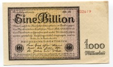Germany - Weimar Republic 1 Billion Mark 1923 
P# 134; Grabowski DEU-162d; # 032619; VF