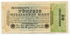 Germany - Weimar Republic 50 Milliarden Mark 1923 
P# 119a; Grabowski DEU-142c; # 013744; VF-XF