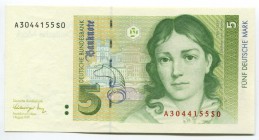Germany - FRG 5 Deutsche Mark 1991 
P# 37; № A 3044155 S 0; UNC; "Bettina von Arnim"