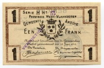 Belgium West-Vlaanderen Ardoye 1 Franc 1915 
# H 175; UNC