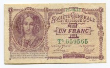 Belgium 1 Franc 1918 German Occupation WWI
P# 86b; # T4 659565; XF