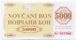 Bosnia and Herzegovina 5000 Dinara 1992 Handstamped "Breza"
P# 9a; UNC