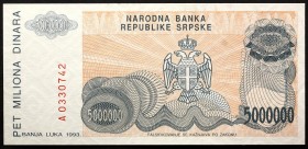 Bosnia and Herzegovina 5000000 Dinara 1993 Serbian Republic
P# 156; № A0330742; UNC