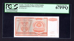 Croatia 1 Milliard Dinara 1993 Unissued PCGS 67
P# R17; Narodna Banka of Serbian Krajina. PCGS Superb Gem New 67 PPQ.