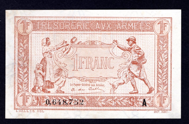 France 1 Franc 1917 Tresorerie Aux Armees
P# M2; Army treasury note. Series A. ...