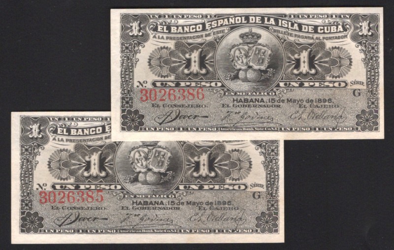 Cuba 1 Peso 1896 2 Consecutive Numbers
P# 47a; UNC