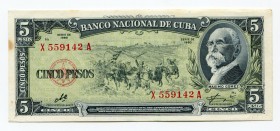 Cuba 5 Pesos 1960 
P# 91c; # X 559142 A; VF-XF