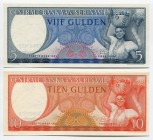 Suriname 5 & 10 Gulden 1963 
P# 120b, 121b; UNC; Set 2 Pcs