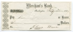 United States Burlington Merchant's Bank 7,50 Dollars 1857 
Vermont; XF+