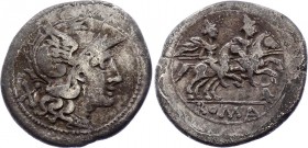 Roman Republic Denarius 210 - 208 BC Anonymous
Obv: Helmeted head of Roma right; X behind. Rev: The Dioscuri riding right; anchor below, ROMA in exer...