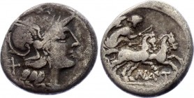 Roman Republic Denarius 155 BC Pinarius Natta
Obv: X - Roma right, X behind. Rev. NAT - Victory in biga, NAT below, ROMA in exergue. Pinarius Natta. ...