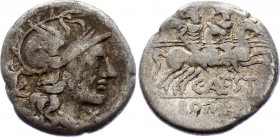 Roman Republic Denarius 146 BC C. Antestius
Obv: Helmeted head of Roma r.; before, X; behind, puppy. Rev: The Dioscuri galloping r.; below, C ANTESTI...