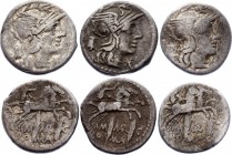 Roman Republic 3 x Denarius 134 BC M MARC
Obv: Helmeted head of Roma right; modius to left, mark of value below chin. Rev.: Victory, holding whip in ...
