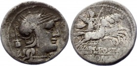 Roman Republic Denarius 131 BC L. Postumius Albinus
Obv: Helmeted head of Roma right; flamen's cap behind * below chin. Rev: Mars in quadriga right. ...