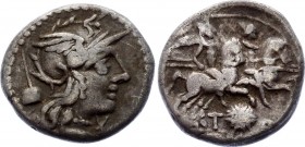 Roman Republic Denarius 126 BC T. Quinctius Flamininus
Obv: helmeted head of Roma right, apex behind, star (mark of value) under chin. Rev: Dioscuri ...