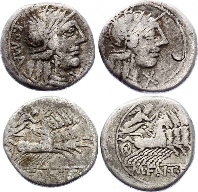 Roman Republic 2 x Denarius 123 BC M. Fannius C.F
Obv: Helmeted head of Roma r....