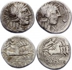 Roman Republic 2 x Denarius 123 BC M. Fannius C.F
Obv: Helmeted head of Roma r. Rev: Victory driving galloping quadriga r., holding reins and wreath....