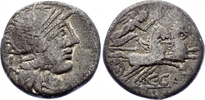 Roman Republic Denarius 123 BC C. PORCIUS CATO
Obv: Helmeted head of Roma r., v...