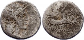 Roman Republic Denarius 122 BC M. Carbo
Obv: Helmeted head of Roma right; laurel branch to left, X (mark of value) below chin. Rev: Jupiter driving g...