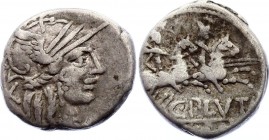 Roman Republic Denarius 121 BC C. Plutius
Obv: helmeted head of Roma right, X (mark of value) behind. Rev.Dioscuri riding right, C. PLVT below, ROMA....