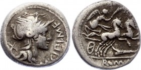 Roman Republic Denarius 115 BC M. Cipius M.F
Obv: Helmeted head of Roma r.; before, M CIPI MF; behind, X, Rev: Victory in biga r., holding reins and ...