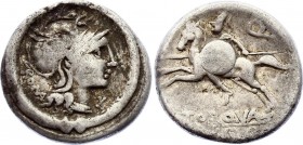 Roman Republic Denarius 113 - 112 BC L. Manlius Torquatus
Obv: ROMA behind, X below chin, torque as border. Rev: Horseman charging left, L TORQVA bel...