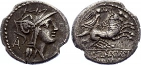 Roman Republic Denarius 91 BC
Obv. Helmeted head of Roma right ,A behind . Rev. Victory in biga right, VIII above, D SILANVS L F ROMA in ex. Sear 225...