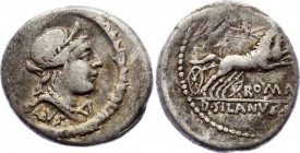 Roman Republic Denarius 91 BC D. Silanus L. F
Obv: Head of Salus right, SALVS below, A before, all within torque. Rev. Victory in biga right, holding...