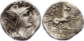 Roman Republic Denarius 91 BC D. SILANVS. L. F
Obv: Helmeted bust of Roma right, letter L behind. Rev: Victory in biga right, D•SILANVS•L•F ROMA in t...