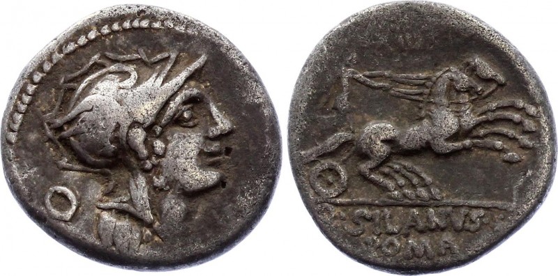 Roman Republic Denarius 91 BC Junius Silanus
Obv: Helmeted head of Roma right, ...
