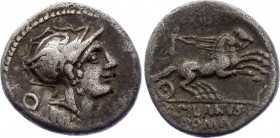 Roman Republic Denarius 91 BC Junius Silanus
Obv: Helmeted head of Roma right, control mark behind. Rev: Victory in biga right, holding reins in both...