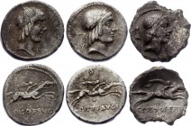 Roman Republic 3 x Denarius 90 BC L. Calpurnius Piso Frugi
Obv: Laureate head of Apollo right; anchor behind, T before. Rev: L PISO FRVGI below horse...