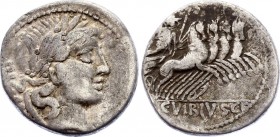 Roman Republic Denarius 90 BC C. Vibius C.F
Obv: PANSA - Laureate head of Apollo right, PANSA behind. Rev: C.VIBIVS CF - Minerva in quadriga right, C...