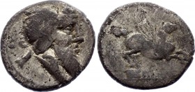 Roman Republic Denarius 90 BC Q. Titius
Obv: Head right of Mutinus Titinus wearing winged diadem. Rev: Pegasus springing right on tablet. Titia 1; Cr...
