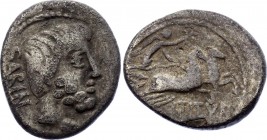 Roman Republic Denarius 89 BC L. Titurius L.f. Sabinus
Obv: Bareheaded and bearded head right of the Sabine king Tatius. Rev: Victory driving biga ri...