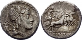 Roman Republic Denarius 85 BC L. Julius Bursio
Obv: Male head to right, with the attributes of Apollo, Mercury and Neptune; trident and control mark ...