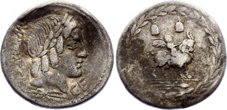 Roman Republic Denarius 85 BC Mn. Fonteius C.F
Obv: Laureate head of Apollo Vei...