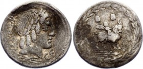 Roman Republic Denarius 85 BC Mn. Fonteius C.F
Obv: Laureate head of Apollo Veiovis right; thunderbolt below, MN•FONTEI downwards behind, [C•F] below...