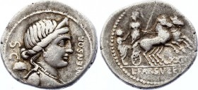 Roman Republic Denarius 75 BC L. Farsuleius Mensor
Obv: Bust of Libertas r., wearing diadem; pileus; left SC and right MENSOR. Rev: Warrior, holding ...