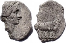 Roman Republic Denatius 30 - 29 BC Triumvirs, Octavian
Obv: Laureate head of Apollo of Actium right, with features resembling Octavian. Rev: Octavian...
