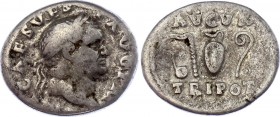 Roman Empire Denarius 70 - 72 AD Vespasian
3.07 g; Obv: IMPCAESVESPAVGPM - Laureate head right.Rev: AVGVR/TRIPOT - Simpulum, aspergillum, jug and lit...